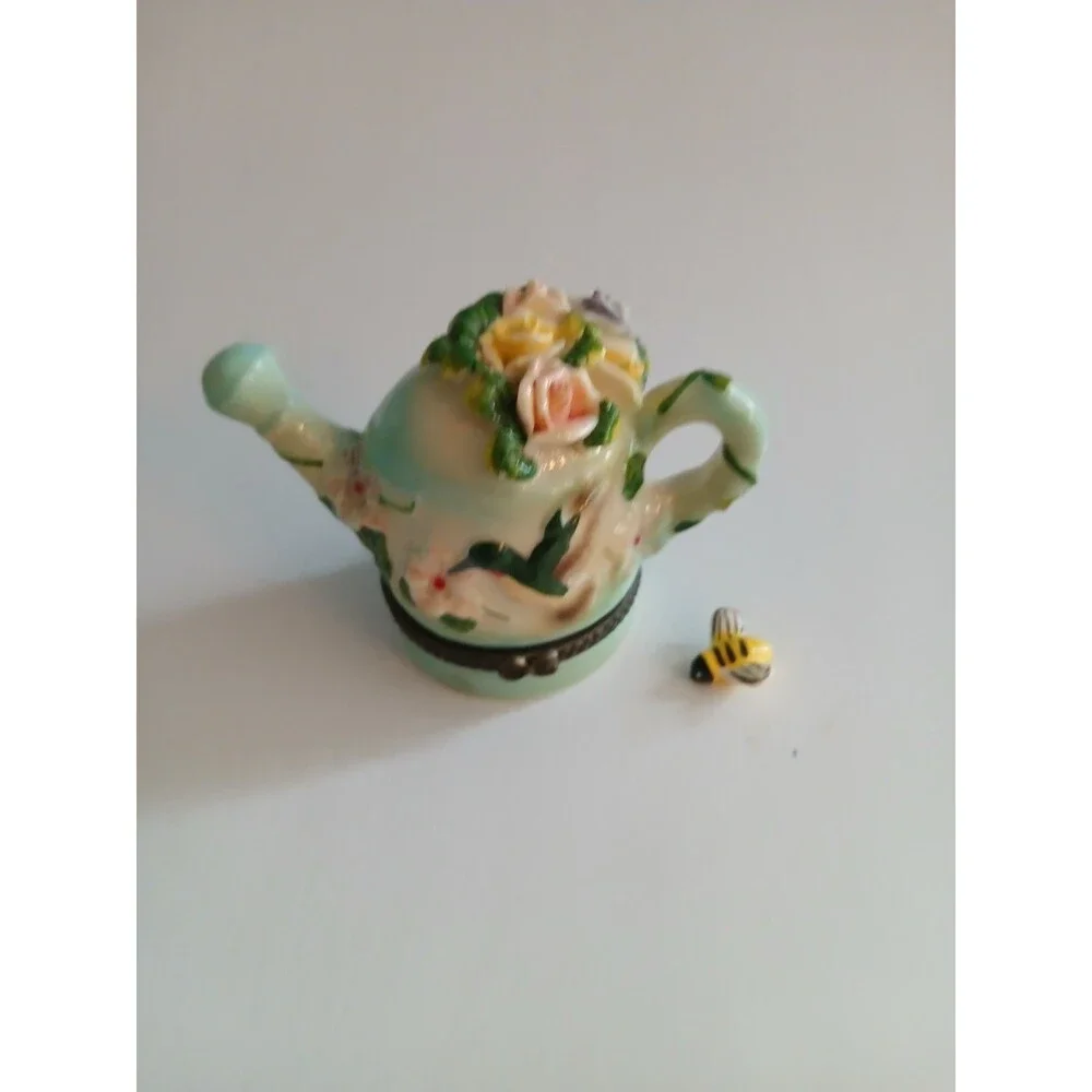 Vintage Porcelain Hinged Trinket Box Watering Can Hummingbird BumbleBee Flowers